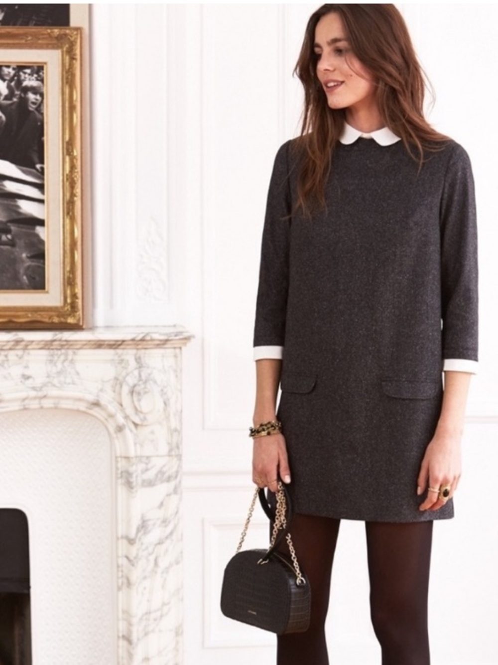 Sezane Ina Dress, 62% Wool Blend, Detachable Silk Collar& Cuffs, P2P 17in, EU 34